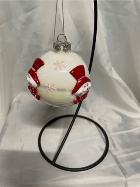 White Glass Snowman Holiday Ornament with Red Hats